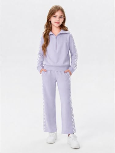 Image of Haloumoning Girls Sweatsuit 2 Piece Zip Long Sleeve Sweat Outfits | Half Zip,Waist drawstring,girls tracksuit