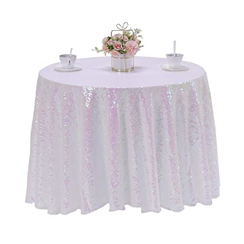 TCBESTO 108 Inch Round White Iridescent Sequin Tablecloth, Metallic Glitter Sparkle Table Cover for Dining Banquet Table Overlay, Holographic Sequin Table Cloths for Wedding Birthday Party Decorations by TCBESTO - Used condition - US$18.51