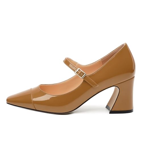 Womens Mary Jane Heels Chunky Block Heel Pumps Brown Patent Size 9 by GOFOURTHAT - Used condition - Image 4