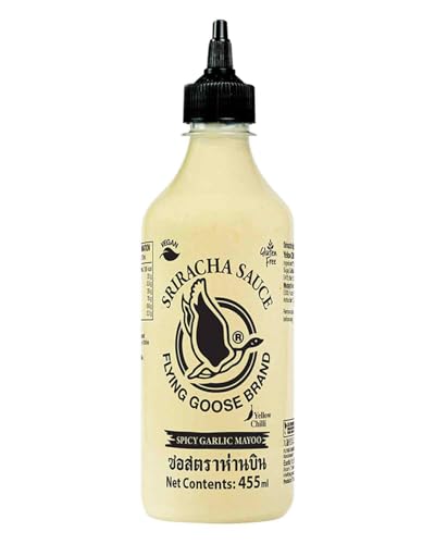 FLYING GOOSE Sriracha Spicy Mayoo Sauce Knoblauch und Gelbe Chilis süß scharfe Mayonnaise leicht scharf orange Kappe Würzsauce aus Thailand vegan glutenfrei 1 x 455 ml