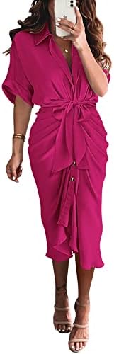 BTFBM Women Button Down Ruched Shirt Dresses Satin Short Sleeve Lapel V Neck Summer Maxi Dress 2025 Party Wedding Guest
