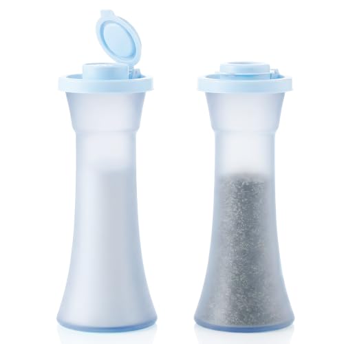 Tupperware Large Hourglass Salt and Pepper Shaker Set Sheer Ice Blue Containers with Ice Blue Seals