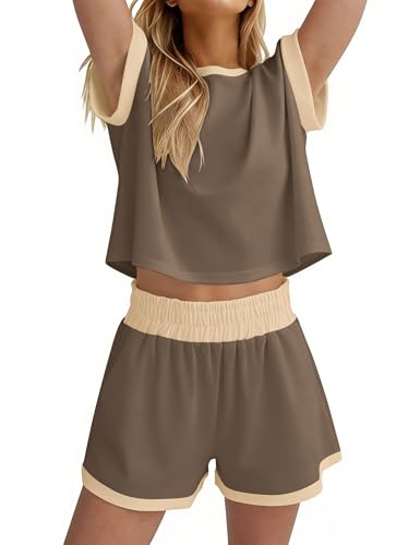 Image of MISSACTIVER 2 Piece Lounge Set Women Stripe Knit Short Sleeve Tee Shirts Shorts Casual Summer Loungewear Shorts Sets