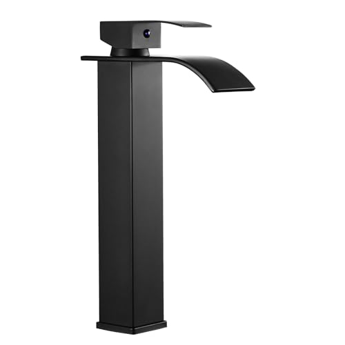 Peppermint Mitigeur de lavabo haut noir pour salle de bain - Robinet cascade - Robinet carré haut en acier inoxydable avec tuyaux G1/2
