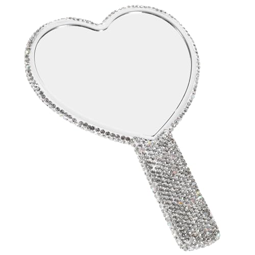 FOYTOKI High-Definition Heart Shaped Mirror with Rhinestones Portable Compact for Travel Beauty Mirror Handle