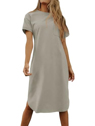 Image of Dyexces Summer Dress for Women Crew Neck Short Sleeve Solid Basic T-Shirts Casual Midi Dresses with Pocket