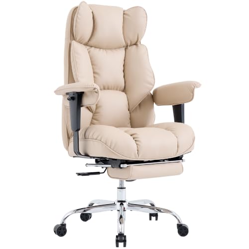 Image of Efomao Executive Office Chair 400lbs,Beige Big and Tall Desk Chair | Mattress-grade pocket spring cushion, sleek leather, 135 recline & footrest for computer gaming setup.
