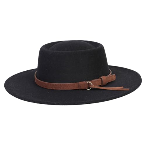 Black Classic Wide Brim Fedora Hat with Belt Buckle Felt Boho Pork Pie Hat Panama Jazz Hat for Women Men