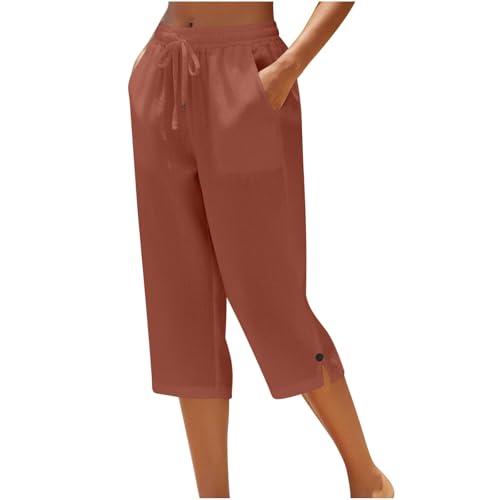 Black Trousers Women - Cropped Linen Trousers Capri Petite Comfy Summer Three Quarter Length Pants Stretchy Drawstring Waist Straight Leg Lounge Yoga Beach Capris Pants with Pockets Bottoms Ladies