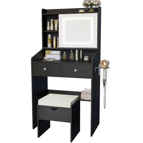 Viaozutis Vanity, Small Vanity Desk with Sliding Mirror, Dimmable LED Lights, 2 Drawers,Vanity Table Ideal for Bedroom (Black)