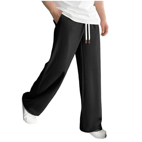 Men's Solid Color Elastic Waistband Drawstring Trousers Straight Leg Pants Comfy Casual Trousers Basic All Seasons T-041 Black XX-Large