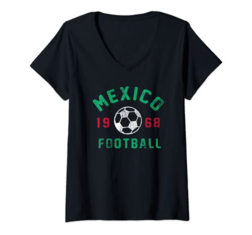 Womens Mexico Football 1968 Center Icon V-Neck T-Shirt, Black