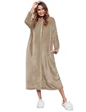 Ekouaer Fleece Hooded Bathrobes for Womens Oversized Long Plush Robes Fluffy Warm Hoodie Zipper Sleepwear Casual Luxury Bath Robes Khaki XL