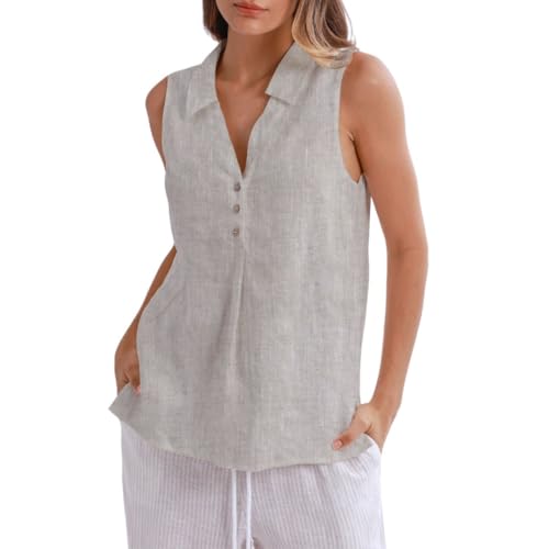 Amazhiyu Women's Pure Linen Summer Tank Tops Casual Sleeveless V-Neck Blouse Flax, Medium