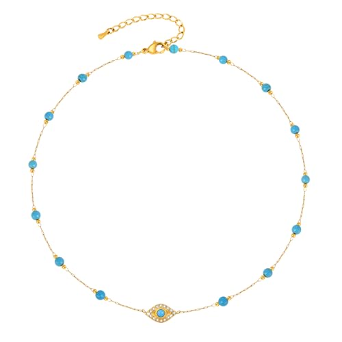 Women's Turquoise Gold Choker Necklace - 14K Gold Plated Evil Eye Turquoise Beaded Necklaces,Non Tarnish Golden Lucky Protection Jewelry,Summer Beach Choker Gifts for Women Girlfriend Sister Wife