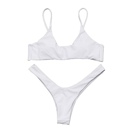 Womens Bikini Set Swimwear Brazilian Padded Top Swimsuit Solid Color Triangle Bottom White Medium - Thumbnail 2