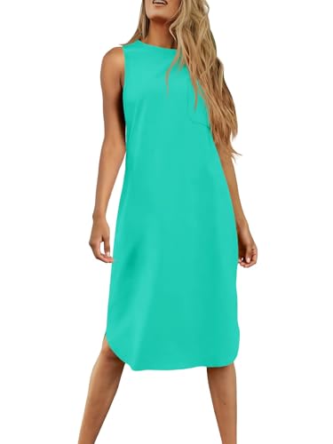 Image of Dyexces Summer Dress for Women Crew Neck Short Sleeve Solid Basic T-Shirts Casual Midi Dresses with Pocket