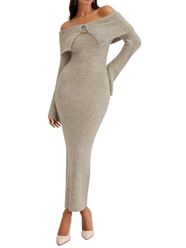 Saodimallsu Womens Off The Shoulder Maxi Sweater Dress Long Sleeve Bodycon Elegant Ribbed Knit Fall Midi Dresses