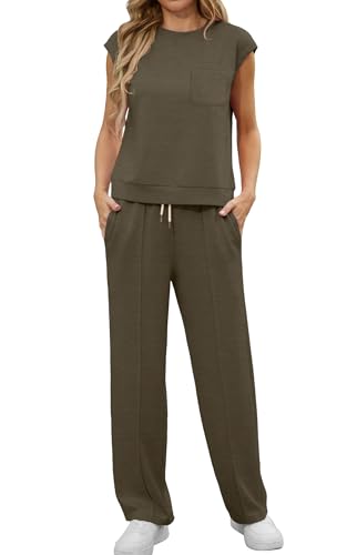 GRECERELLE Zweiteiler Trainingsanzug Damen Sommer Outfits Tracksuit Kurzarm Lässige Crew Neck Cap Sleeve Tops und Jogginghosen Trainingsanzüge mit Taschen (Armeegrün, L)