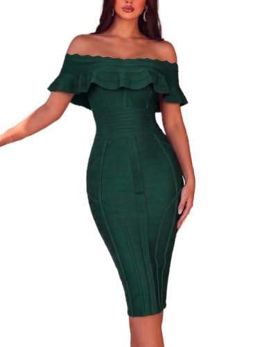 Image of Off Shoulder Bandage Dresses for Women Wedding Guest Party Midi Formal Gowns Evening Dress