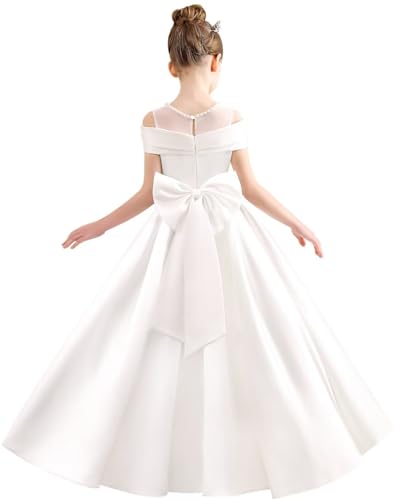 Satin Flower Girl Dresses for Wedding Beaded Solid Pageant Dress for Girls Long Ball Gown Dress with Bow White 8