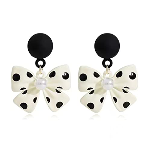 MIGUO STORE Retro Simple Temperament Bow Polka Dot Earrings Fashionable Cute Black and White Polka Dot Drop Dangle Earrings For Women Jewelry Gifts