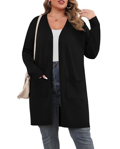 TIANZHU Plus Size Lightweight Cardigan for Women Open Front Long Sleeve Loose Fit Casual Outwear with Pockets XL-4XL