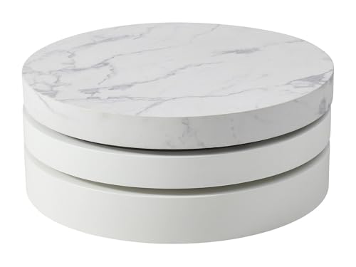 Vente-unique - Table Basse pivotante Ronde avec 1 Niche en MDF - Effet marbre Blanc et Blanc laqué - Janita