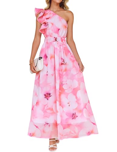 Image of ZESICA Women's 2026 Summer Floral Sleeveless Maxi Dress | One Shoulder, Sleeveless, Ruffle, High Waist, Beach Wedding Guest, Vacation, Graduation, Bridal Shower, Boho Long Dresses