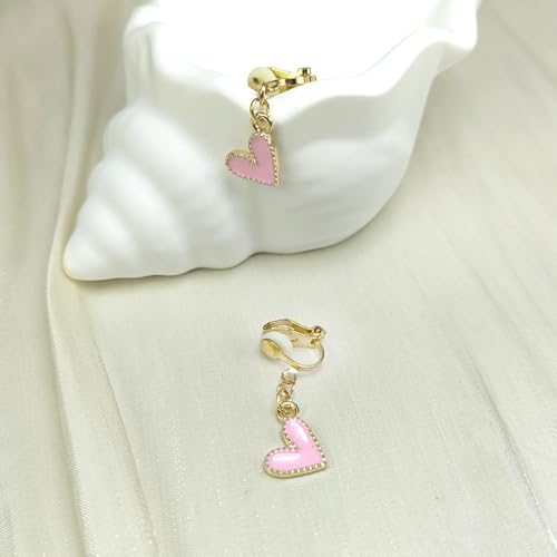 Heart Clip On Dangle Drop Earrings Tiny Pink White Women's Jewelry Accessories Gifts3