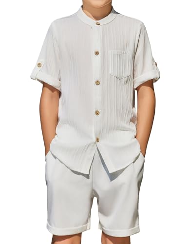 Image of Arshiner Boy's 2 Piece Beach Outfit Short Sleeve Textured Button Down Shirt and Short Sets Summer Vacation Wear 4-12 Years