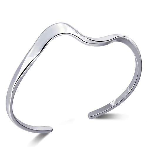 Sterling Silver Wavy Cuff Bracelet - Adjustable Irregular Thin Bangle for Women