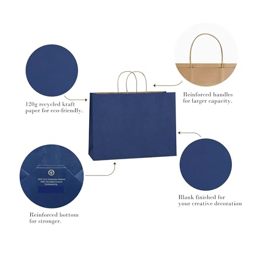 Image of RanGit Bhumi Gift Bags- 10pcs 16x6x12 inch Large Paper Bags with Handles Bulk, Kraft Party Favor Bag - Grocery, Shopping, Retail, Merchandise Carry Bags (Navy Blue) (Large- Blue, Pack of 10)