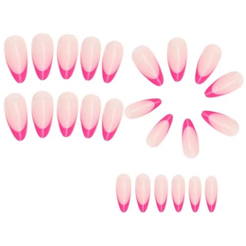 Image of Pink French Tip Press on Nails Medium Almond Fake Nails Nude False Nail with Design Glossy Glue on Nails Reusable Artificial Acrylic Stick on Nail For Women Girls present Manicure 24pcs