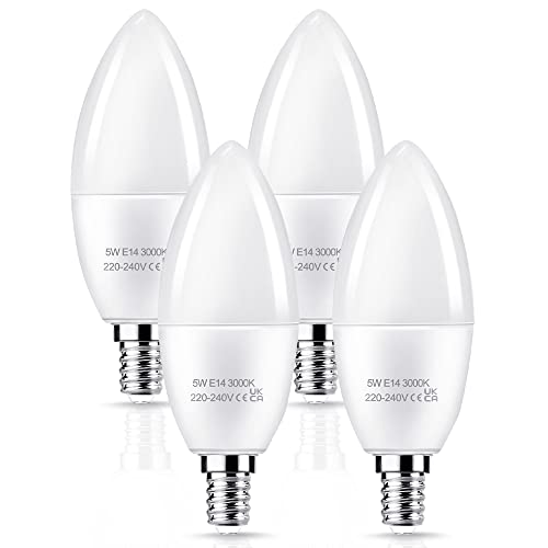 EvaStary Bombillas LED E14 para velas, 5 W, 400 lm, pequeña bombilla de rosca Edison, equivalente incandescente de 40 W, 3000 K, blanco cálido, ahorro de energía para lámparas de araña, paquete de 4 Cover