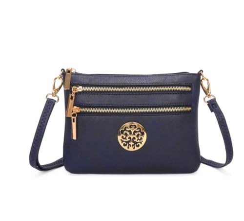 Image of Ladies Crossbody Bag, Double Zipper Pockets, Faux Leather with Gold Metal Medallion, Adjustable Shoulder Strap (Navy)