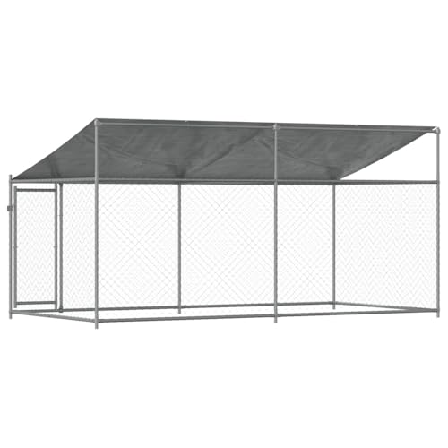 Gecheer Hundezwinger mit Dach und Tür Grau 4x2x2 m Verzinkter Stahl, Hundezwinger Outdoor-Hundekäfig Sicherer Hundeauslauf für Garten Terrasse Draußen
