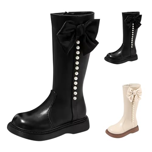 Girls Bow Ridding Boots Non-Slip Side Zipper Pearl Down PU Leather Boots Knee High Birthday Party Princess Shoes