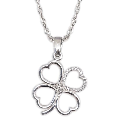 925 Sterling Silver Four Leaf Clover Necklace - Rhodium Plated Shamrock Pendant with 20