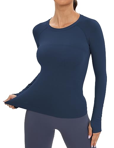 MathCat Workout Shirts for Women Long-Sleeved Athletic Shirt Running Breathable Seamless Yoga Tops Navyblue