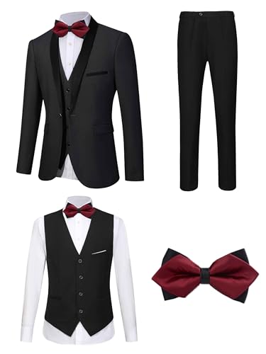 Tuxedos Suit for Men Slim Fit One-Button Suit with Shawl Lapel 4 Piece Suits Jacket Vest Pants Party Prom Set with Bow Tie