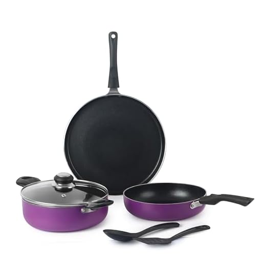 Cello Prima Multipurpose Non-Stick Cookware Set – 6 Pieces | Aluminium | Induction Base | Purple Finish | PFOA-Free | Includes Tawa, Kadai, Fry Pan & Accessories