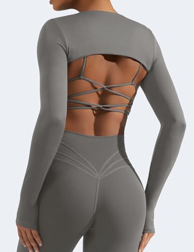 Image of YEOREO Women Crop Top Long Sleeve Bolero Open Front Workout Cropped Shirts Sports Shrug