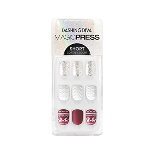Dashing Diva Magic Press Holiday Nails - Reindeer Date | Short, Square Press On Nails | Long Lasting Stick On Gel Nails | Lasts Up to 7 Days | Contains 30 Stick On Nails, 1 Prep Pad, 1 File