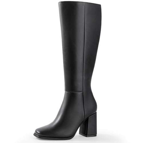 Ankis Knee High Boots for Women Squared Toe Chunky High Heel with Side Zipper Long Boots - Main Image
