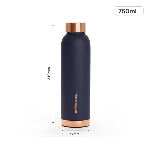 Image of CELLO Evita Copper Water Bottle For Daily & Office Use 700 ml, Blue | Leakproof & Rustproof ISI Certified Single Wall 100% Pure Copper Promotes Immunity, Improve Digestion & Supports Healthy Living