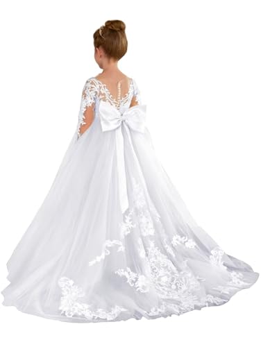 MCieloLuna Long Sleeve Lace Flower Girl Dress Puffy Tulle First Communion Dresses for Girls 2025 Toddlers Wedding Gown