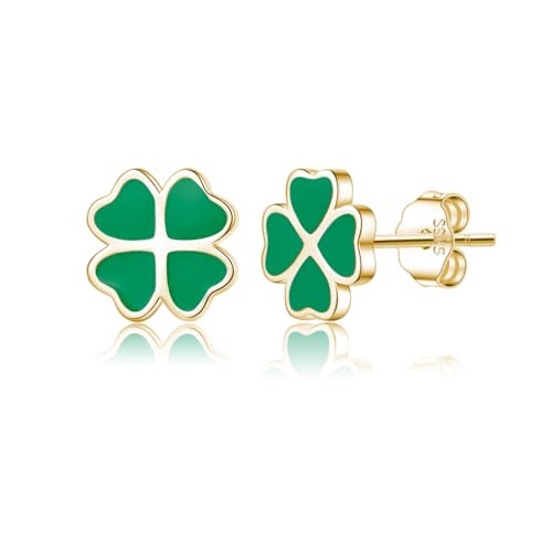 Reffeer Solid 925 Sterling Silver Leaf Clover Earrings Studs for Women Teen Girls Green Leaf Stud Earrings Clover