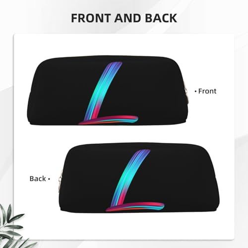 Image of Cute Initial Pencil Case for Kids Simple Leather Pencil Pouch for Boys Girls Letter Design Pencil Box Pen Bag Pencil Pouch Office Stationery Organizer, Rainbow Letter L
