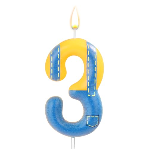Bougie d'Anniversaire Bleue et Jaune, Bougie Numérotée d'Anniversaire Bougie à Thème Dessin Animé Blue Jeans Happy Birthday pour la Décoration...